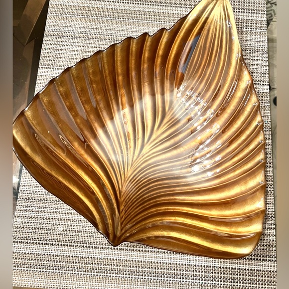 Vintage Gold Glass leaf Serving Dish/ Fall Decor/Fruit bowl/Center Piece. 13.5" - Picture 1 of 7